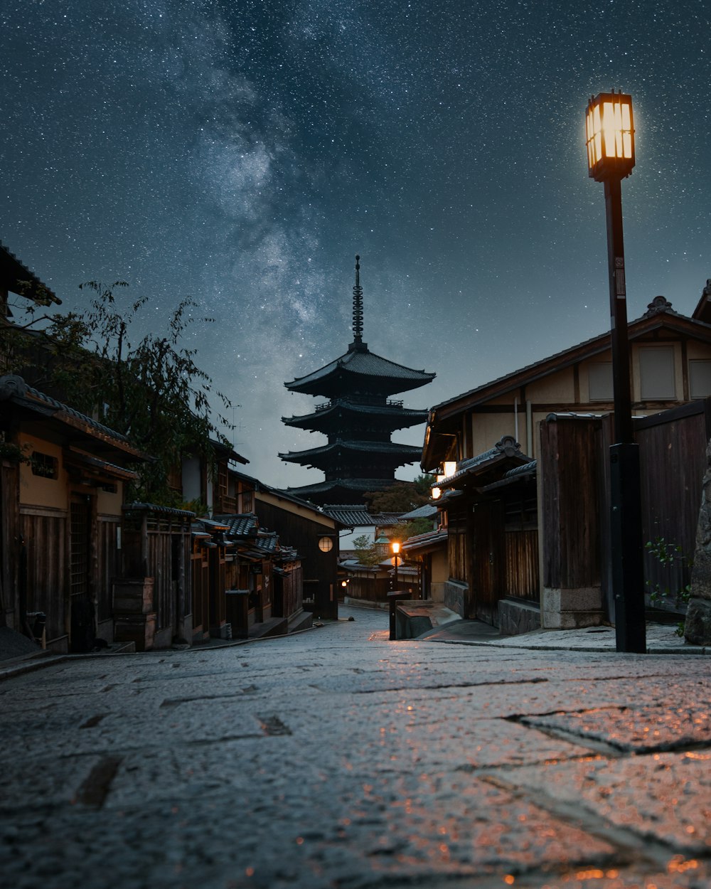 brown wooden house under starry night