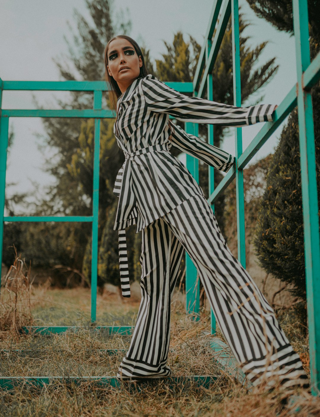 woman in black and white stripe long sleeve dress standing on green metal frame during daytime