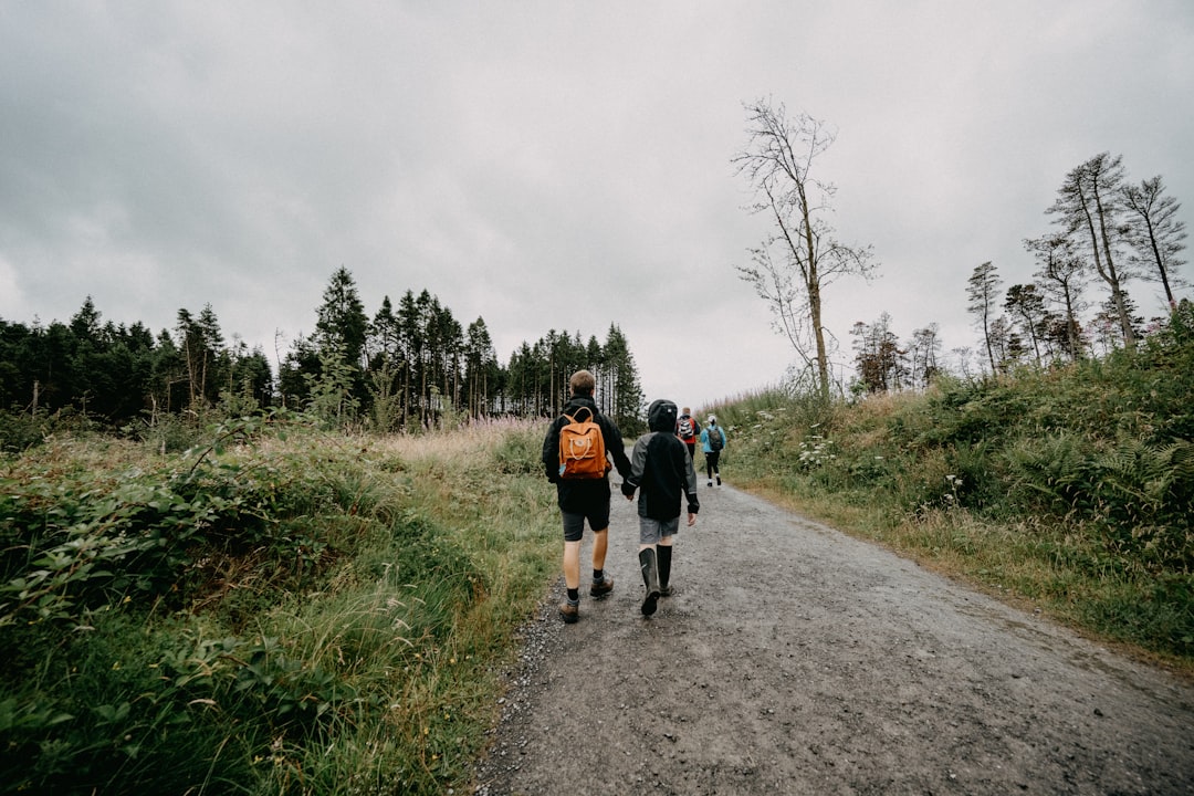 2 people walking on pathway between green grass field during daytime