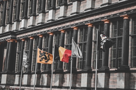 An architectural facade features a series of tall, dark columns and extensive windows. In front of the building, several flags are flying, including a black and yellow flag with a lion emblem, a red and yellow flag, and others in black and white designs.