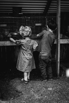 Two children are seen from behind, standing in front of an animal enclosure at what appears to be a petting zoo or farm. The child on the left is wearing a hat and a floral dress, while the child on the right is wearing a t-shirt and jeans. The environment is rustic, with wooden fences and a dirt ground.