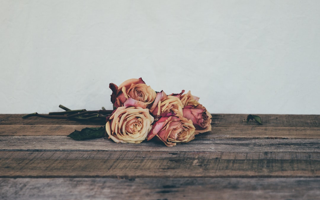 pink roses on brown wooden table