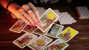 Hands holding a vibrant tarot deck under soft candlelight.