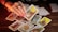 A hand with painted nails holds up a tarot card above a wooden table scattered with various other tarot cards. Some cards are face up, displaying intricate and colorful designs, while others are face down. The lighting is warm, creating a mystical and intimate atmosphere.