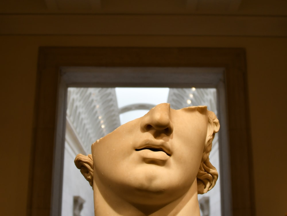 white ceramic bust on brown wooden table