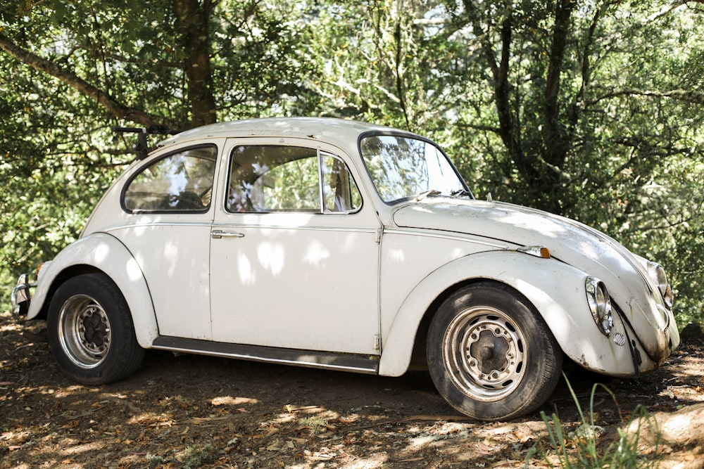 white volkswagen beetle parked on dirt road during daytime