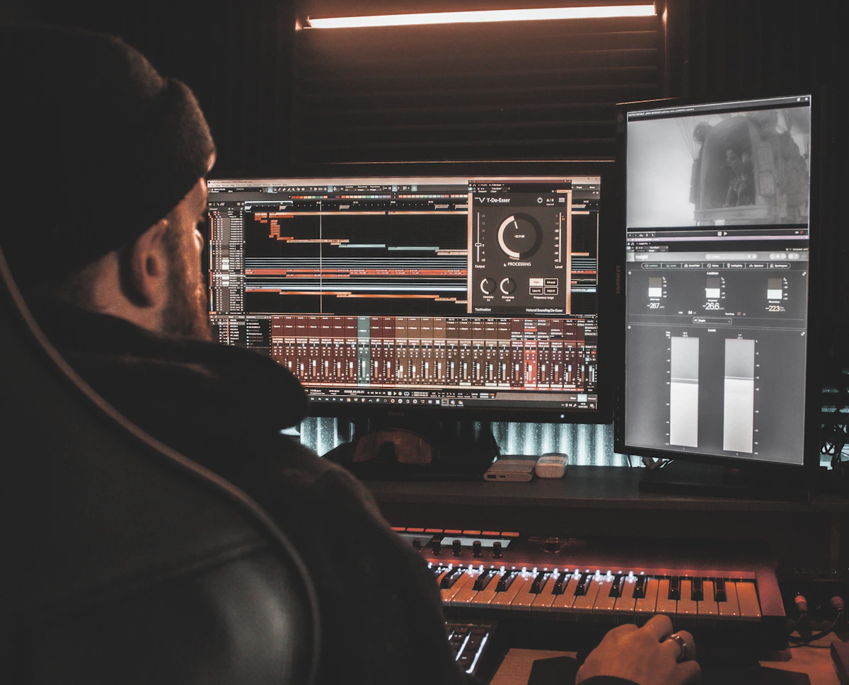 デュアルモニターに音楽制作ソフトの画面を映し、MIDIキーボードに手を伸ばす人物の後ろ姿。オレンジ色の照明に照らされた宅録スタジオ
