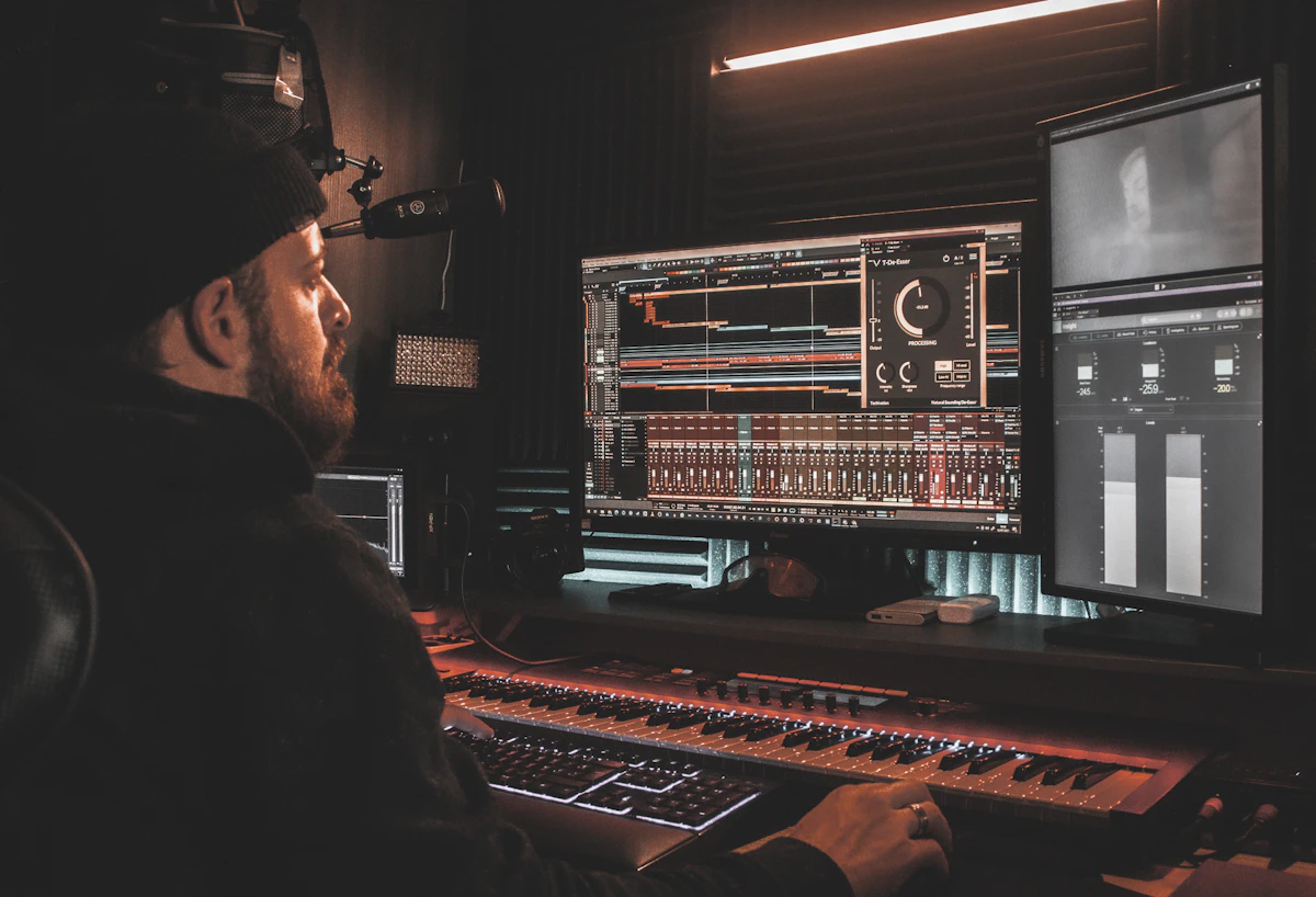 Technician working at an audio mixing console