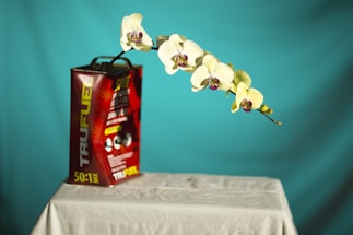 A still life setup featuring a metal fuel canister labeled 'TRUFUEL' with a 50:1 mix ratio, placed on a white cloth-covered table. A delicate branch of white orchids with purple centers stretches outwards from the canister against a solid turquoise background.