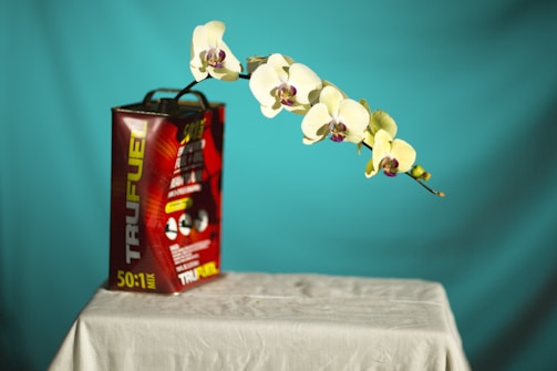 A still life setup featuring a metal fuel canister labeled 'TRUFUEL' with a 50:1 mix ratio, placed on a white cloth-covered table. A delicate branch of white orchids with purple centers stretches outwards from the canister against a solid turquoise background.