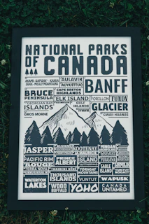 Close-up of a vintage-style national park poster print hanging on a wall.