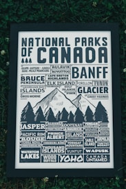 A framed poster lists names of Canada's national parks in varying fonts and sizes. The background features an illustration of mountains and trees, with plant life surrounding the frame.