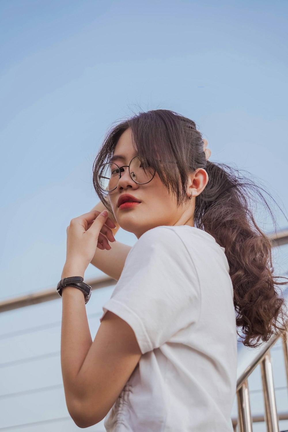 woman in white t-shirt