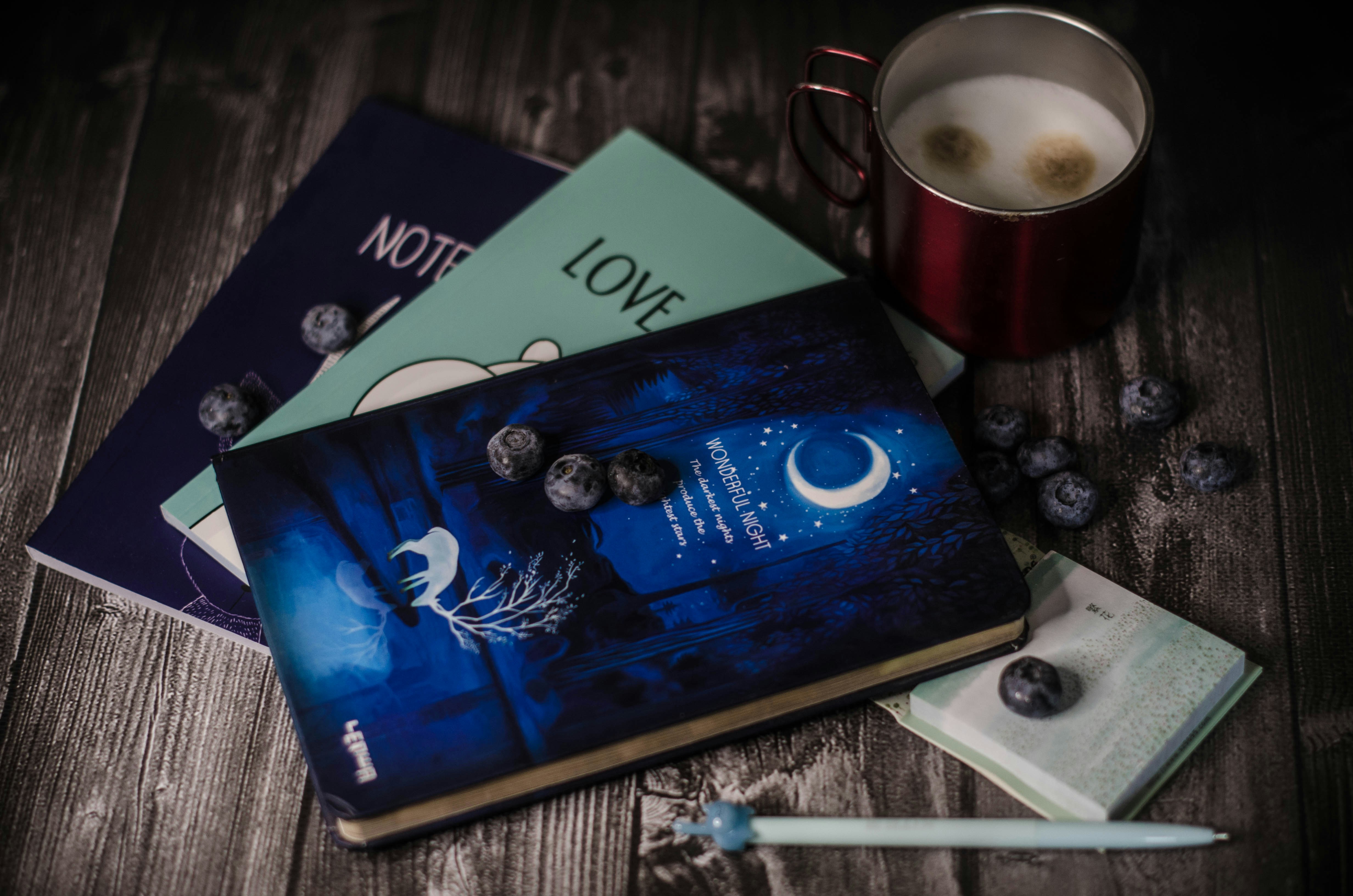 blue and white book beside red ceramic mug