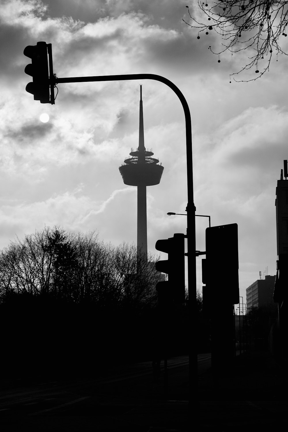 grayscale photo of street light