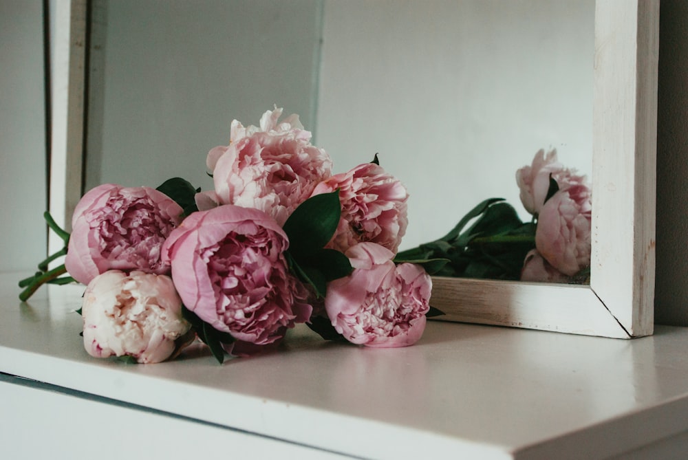 pink roses on brown wooden table