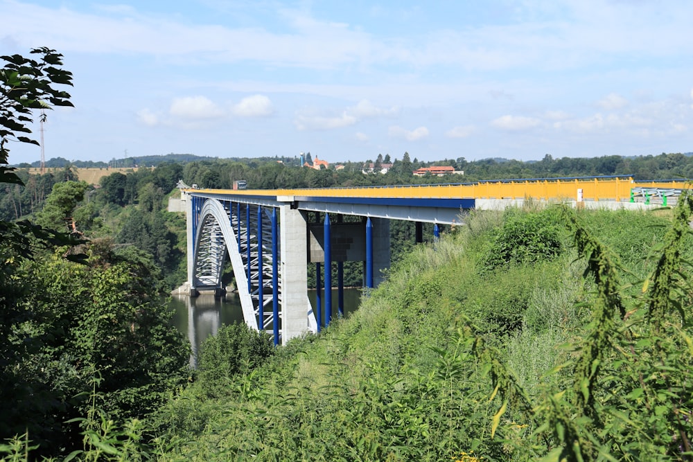blue and white bridge over green grass field during daytime