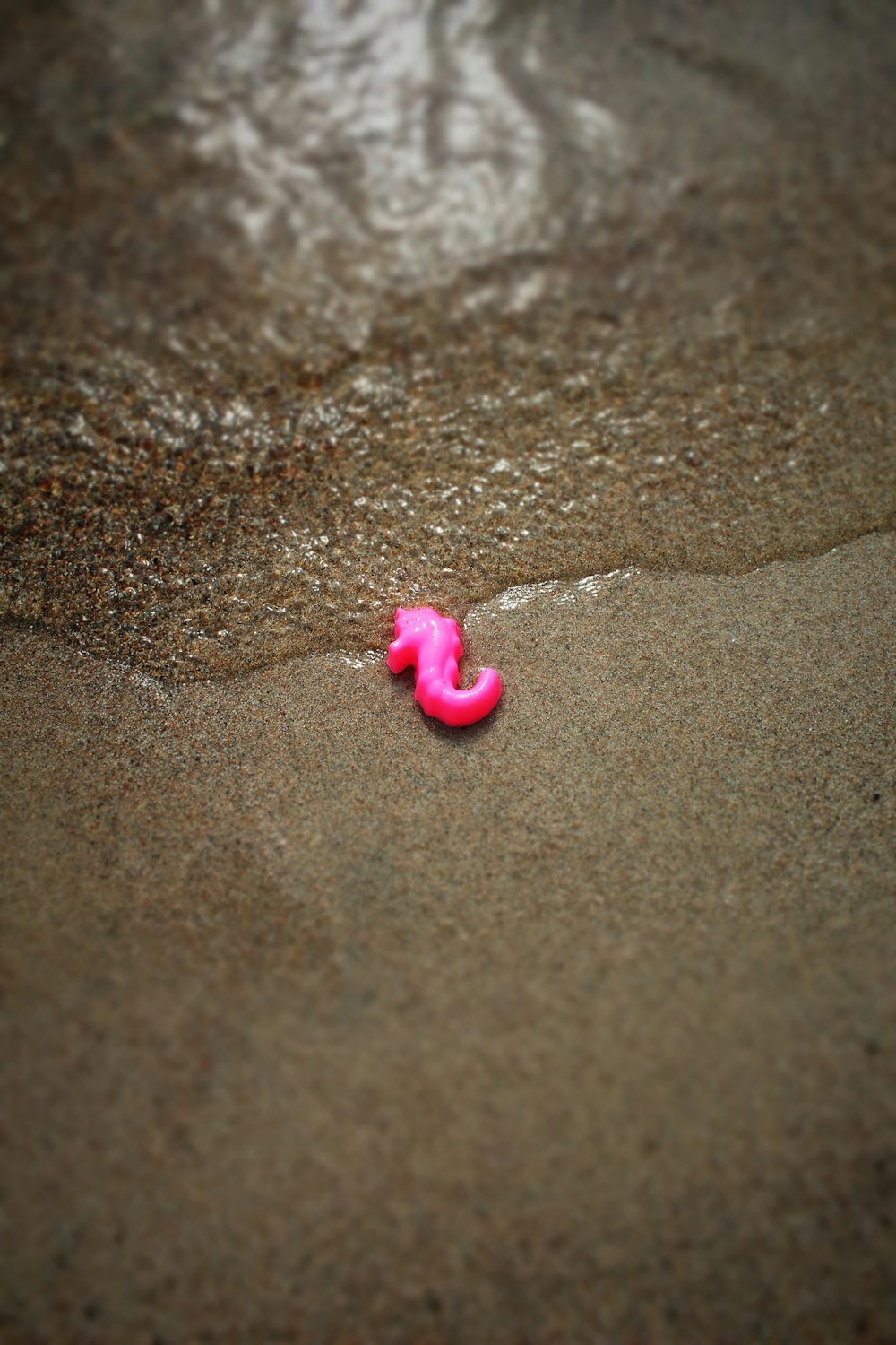 茶色の砂の上にピンクのハートのプラスチック玩具