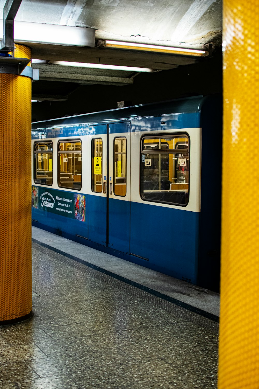 blue and yellow train on train station
