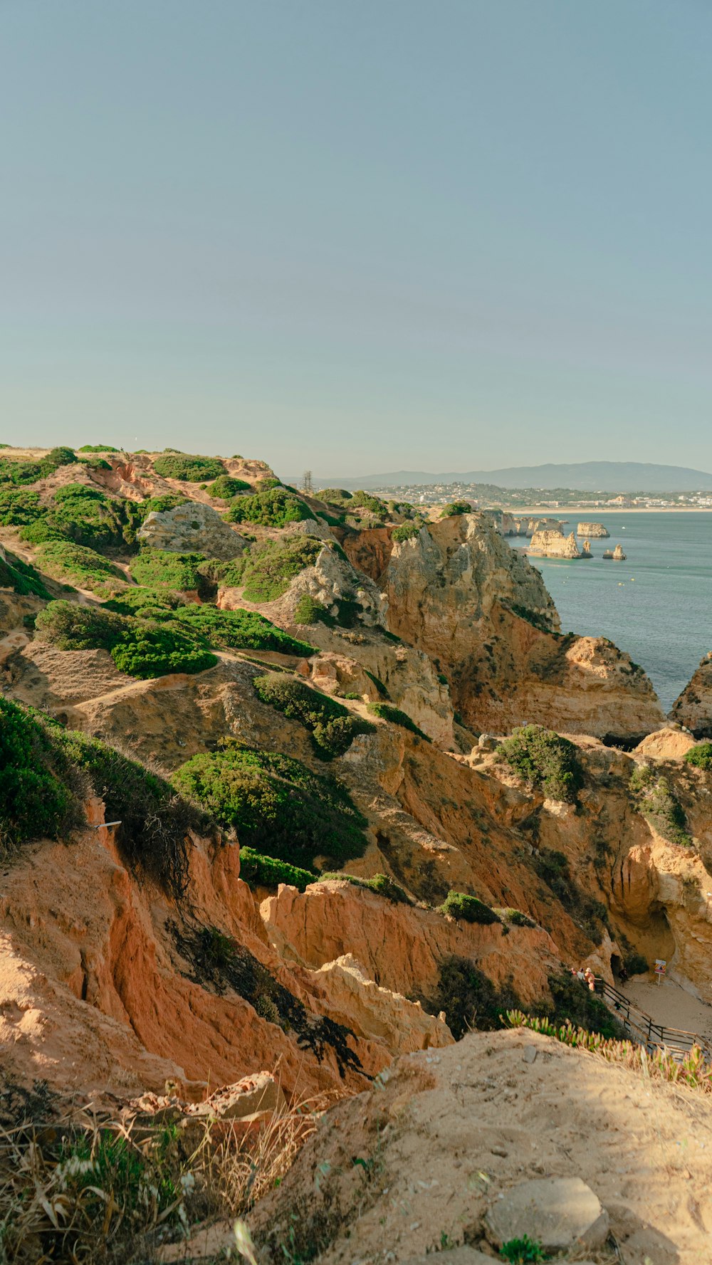 brown and green rock formation near body of water during daytime