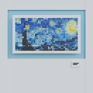 A pixelated artwork resembling a famous starry night scene, composed of many small, colorful square tiles. The tiles create a swirling sky in shades of blue, with bright yellow stars and a crescent moon. A dark vertical shape, possibly a cypress tree, is on the left side.