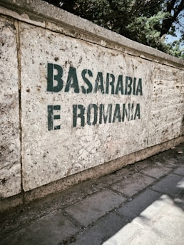 A stone wall with the words 'BASARABIA E ROMANIA' written in bold, dark green letters. The wall is textured and weathered, with visible cracks and stains. It is situated beside a brick sidewalk, under dappled sunlight that casts shadows. Trees with green leaves are visible above the wall in the background.
