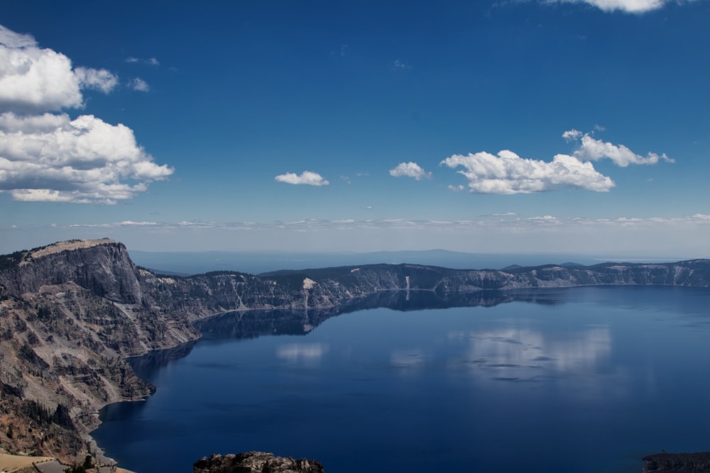 aerial view of lake between mountains during daytime