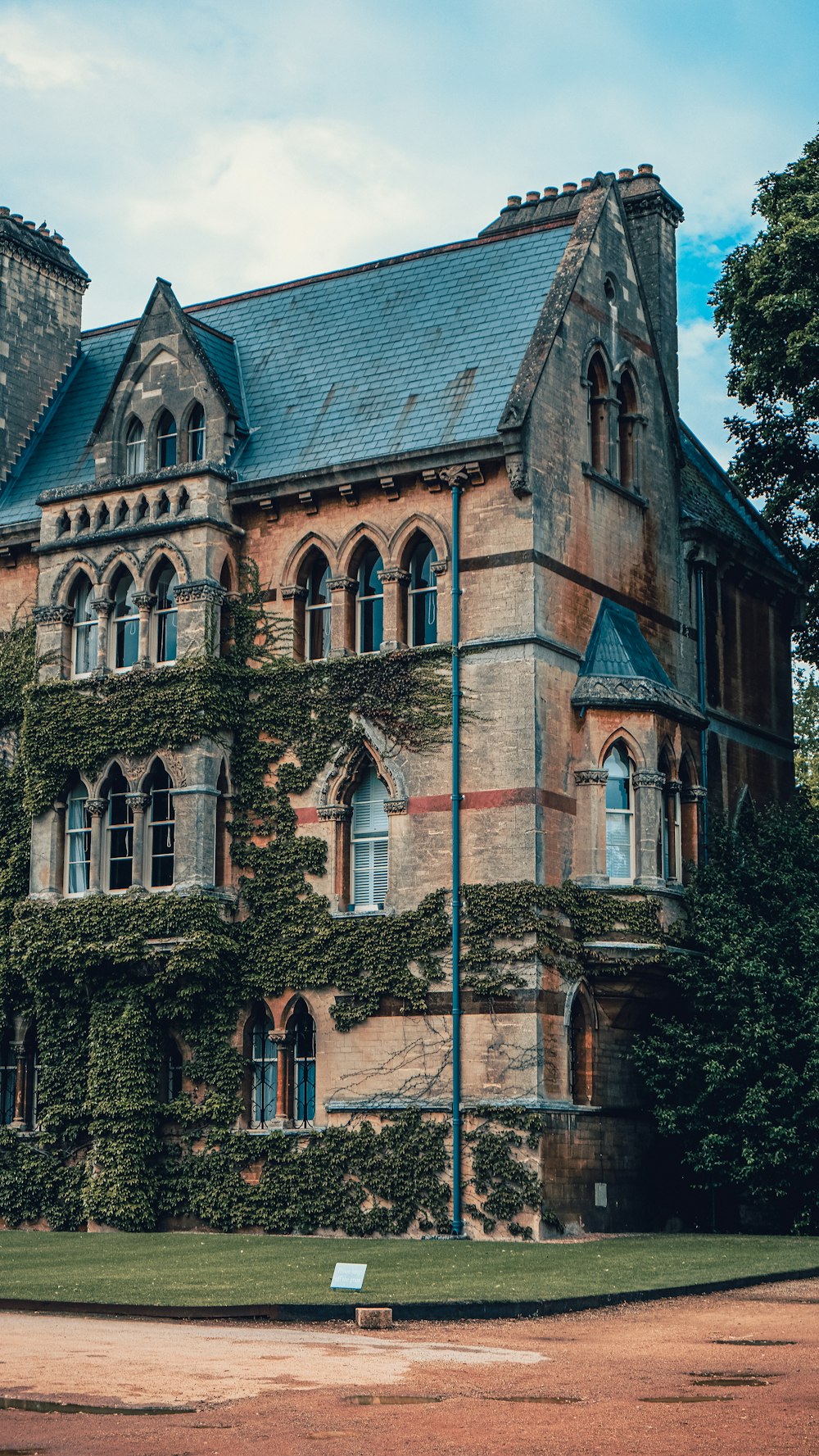 brown brick building with green trees