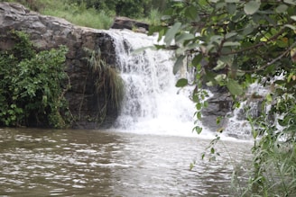 A serene view of a waterfall surrounded by lush greenery and rocks.