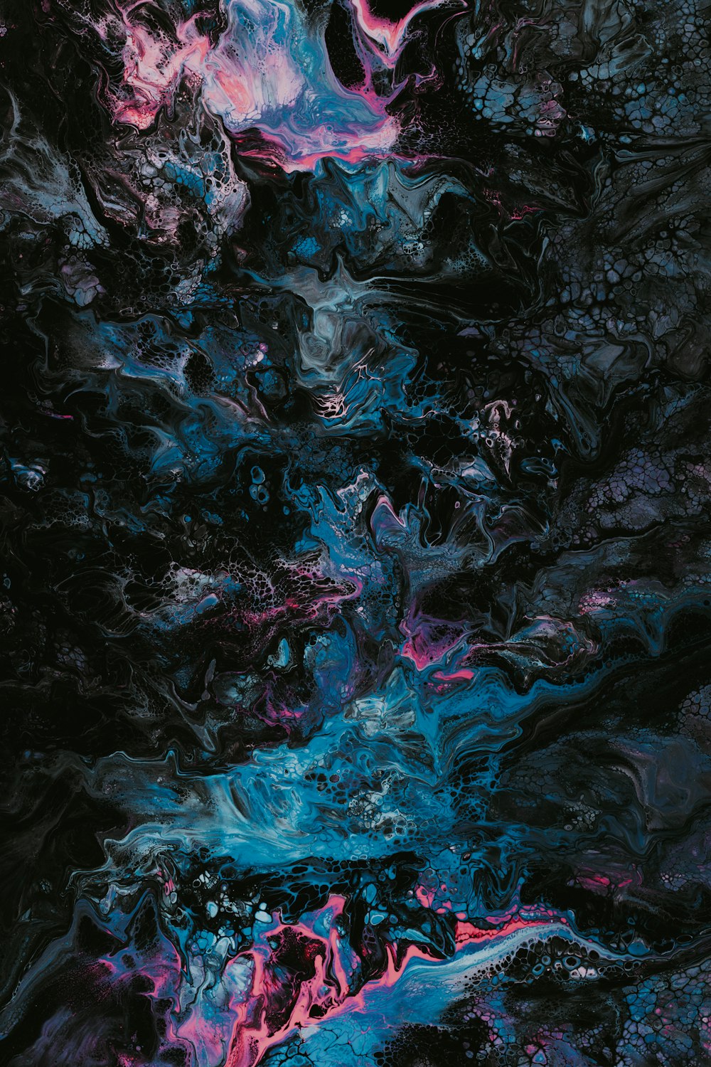an abstract painting with blue, pink and black colors