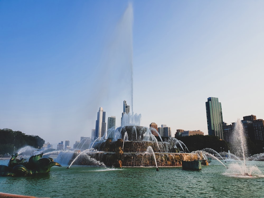 a large fountain with water shooting out of it