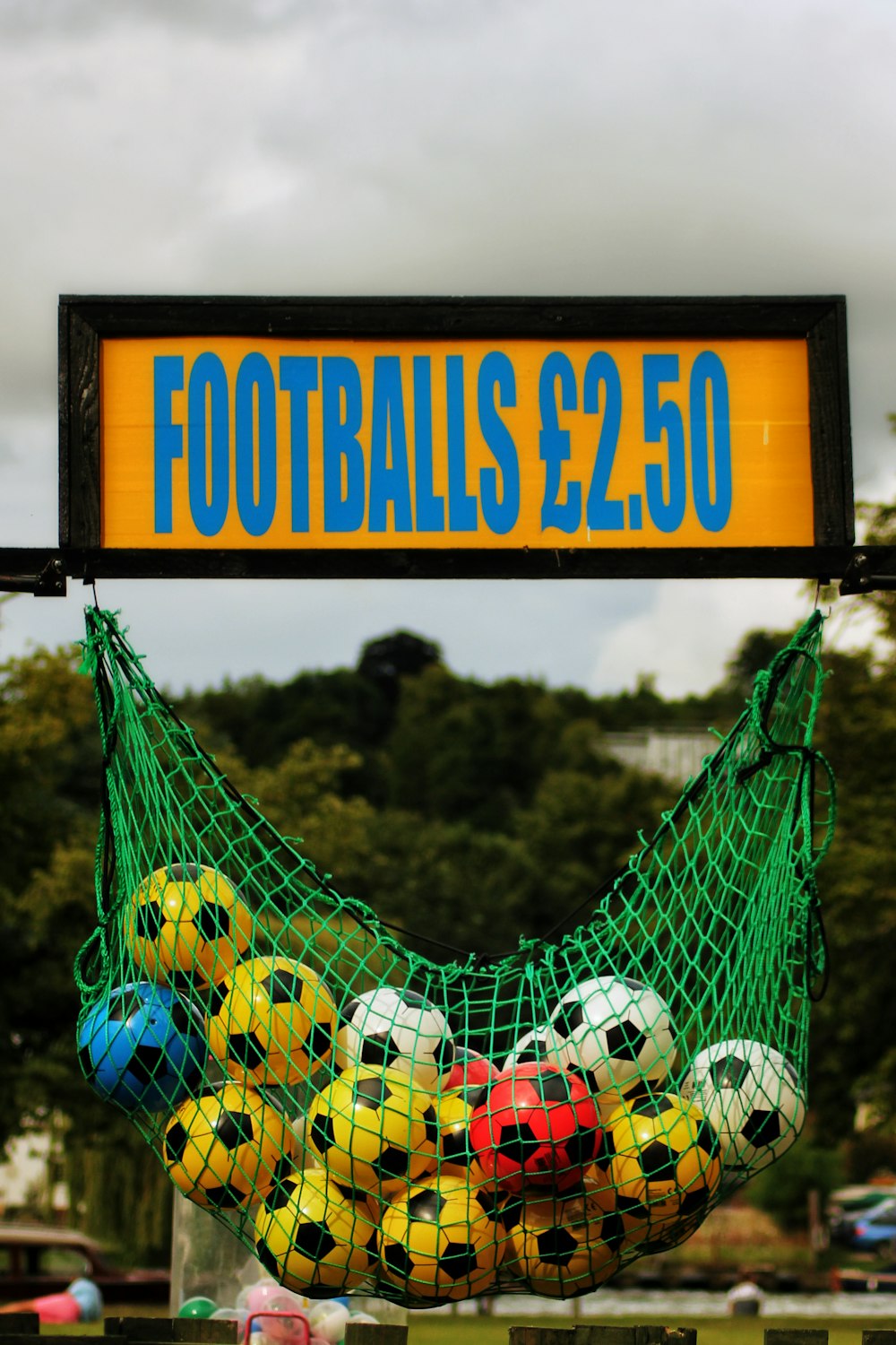 a sign that says footballs $ 250 hanging from a net