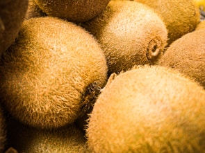 A bunch of ripe green kiwis with fuzzy skin on a natural fiber cloth