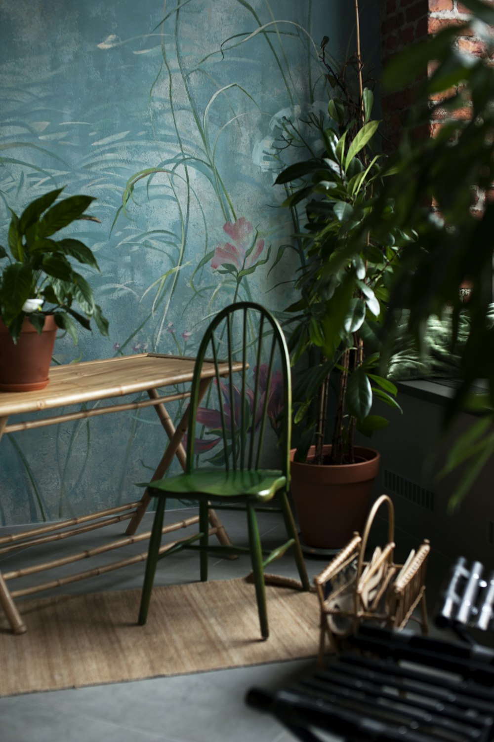 green wooden chair beside potted plant