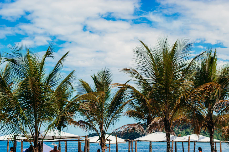 Serene tropical beach scene with people enjoying time near water's edge under bright sunlight