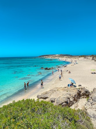 A vibrant beach scene with turquoise water and sunbathers enjoying the sand under clear skies.