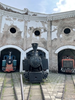Several vintage locomotives are positioned in front of an old, circular building with arched entrances. The brick structure exhibits signs of wear, with peeling white paint and large circular windows. Distinct numbers and varying designs on the locomotives indicate different types or models, resting on tracks converging towards the building.
