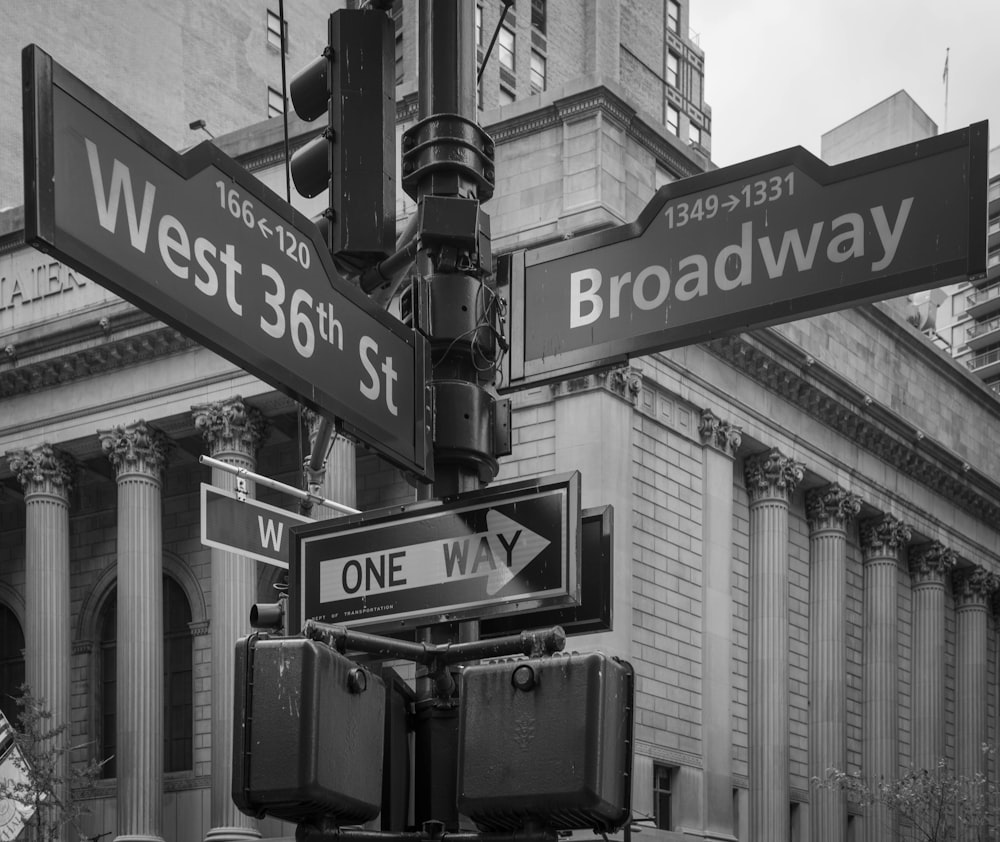 a black and white photo of a street sign