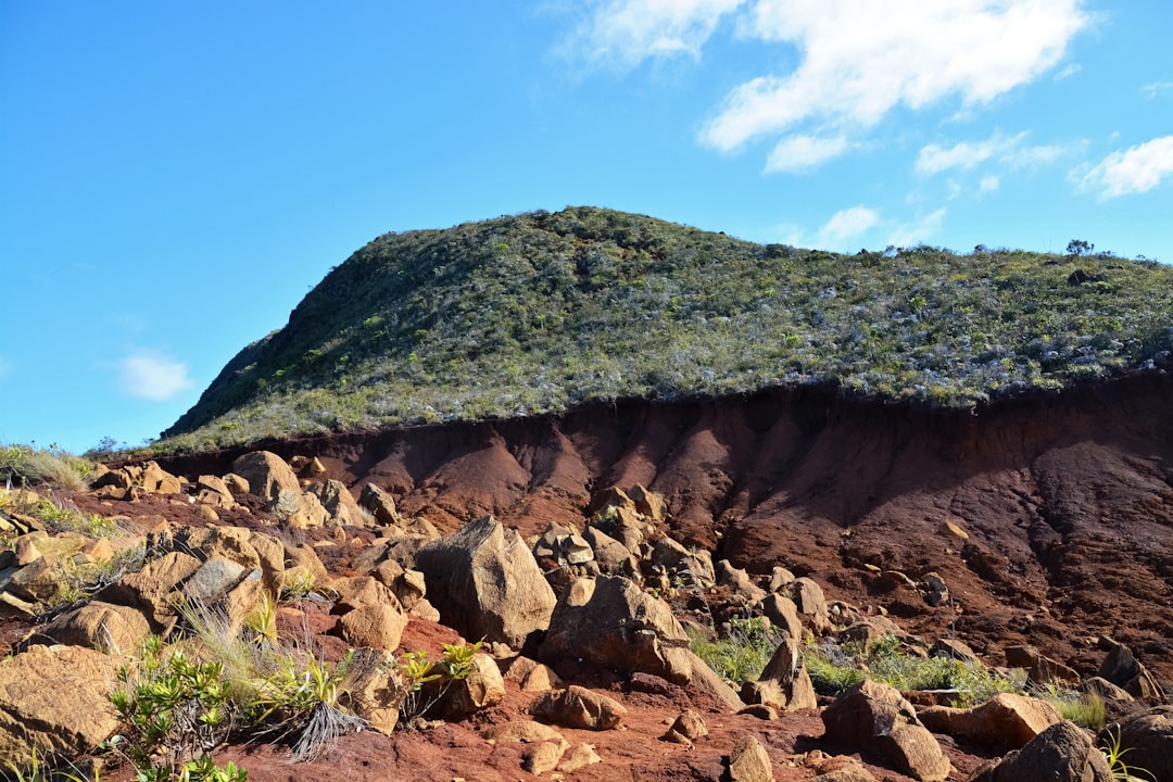 brown rocks on green grass field under blue sky during daytime