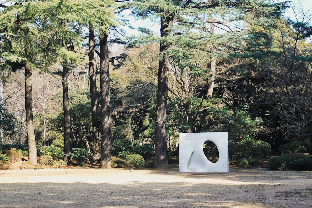 white and black signage near green trees during daytime