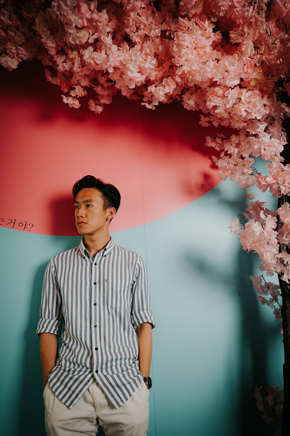 man in white and black stripe button up shirt standing beside pink flowers