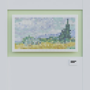 A close-up of a completed colorful puzzle featuring a scenic landscape with intricate details