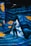 A person stands inside a futuristic installation with vibrant blue light patterns projected on the walls and floor. Yellow abstract shapes add contrast to the scene. The environment creates an immersive digital art experience.