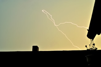 A lightning bolt strikes across a dimly lit sky, with a silhouette of a roofline and a potted plant hanging from the right. The sky has a greenish-yellow hue.