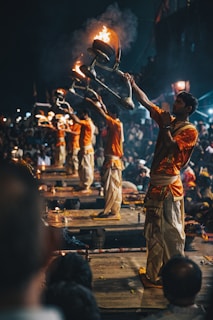 Evening Ganga Aarti at Dashashwamedh Ghat in Varanasi, with priests performing rituals.