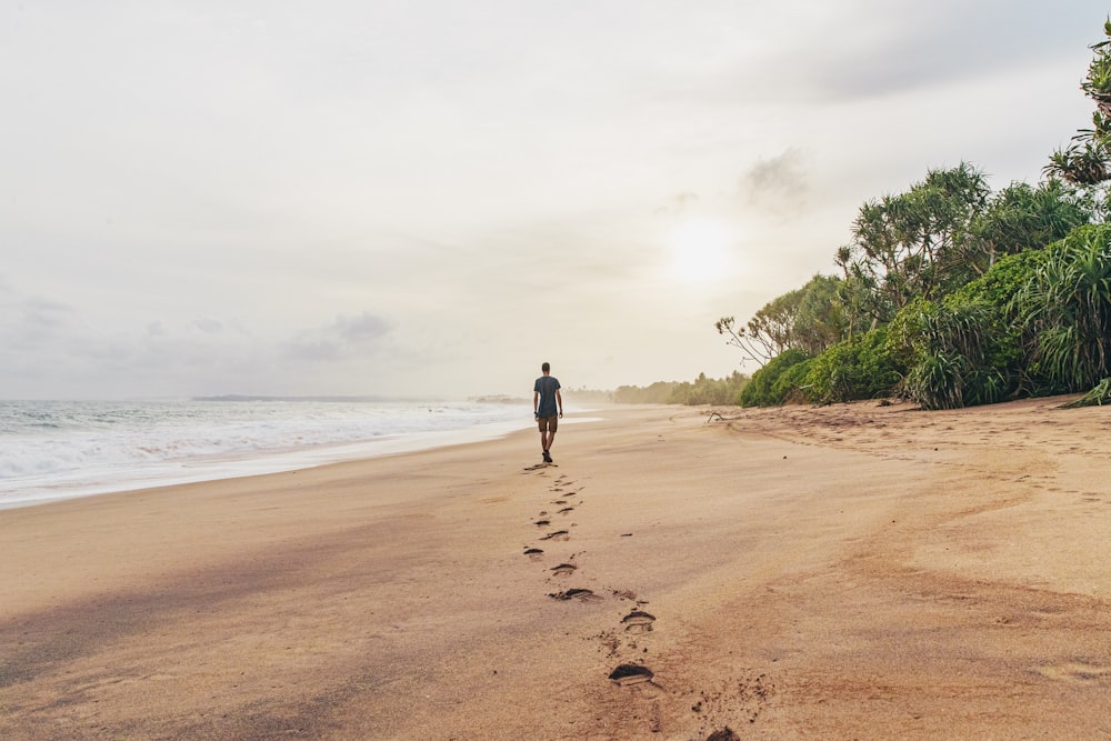 Hombre con chaqueta negra caminando en la playa durante el día