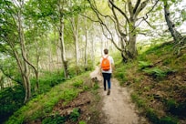 woman in white long sleeve shirt walking on dirt road between trees during daytime