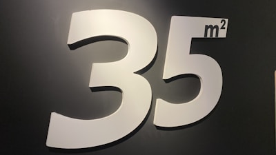 The image shows a large, prominently displayed number 35 followed by a superscript m², indicating square meters, against a dark background. The numbers and letters are in a clean, sans-serif font and appear to be in a glossy white material.