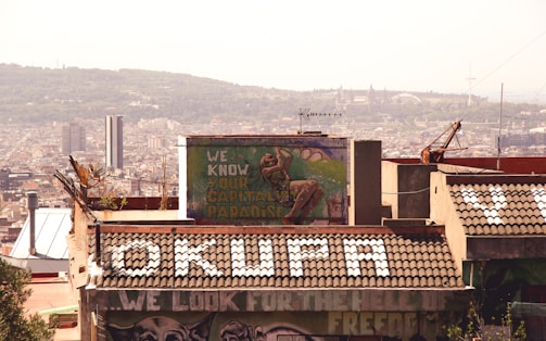 Urban rooftop scene featuring graffiti art and visible cityscape in the background. The graffiti includes large text that reads 'WE KNOW YOUR CAPITAL IS PARADISE' and 'OKUPA' on the roof tiles. The background showcases a sprawling city with hills and distant buildings.