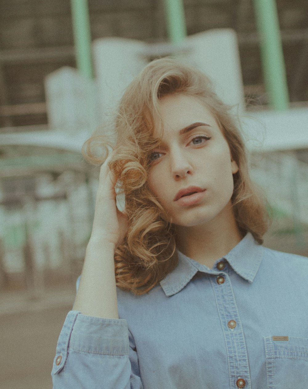 woman in blue button up shirt